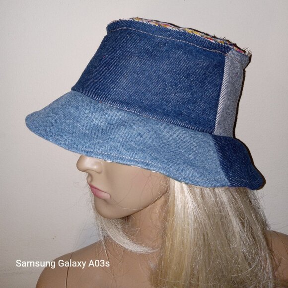 Kantha & Denim Bucket Hat Reversible Dk. Green Purple Red Patchwork BHAT10. - Picture 7 of 7